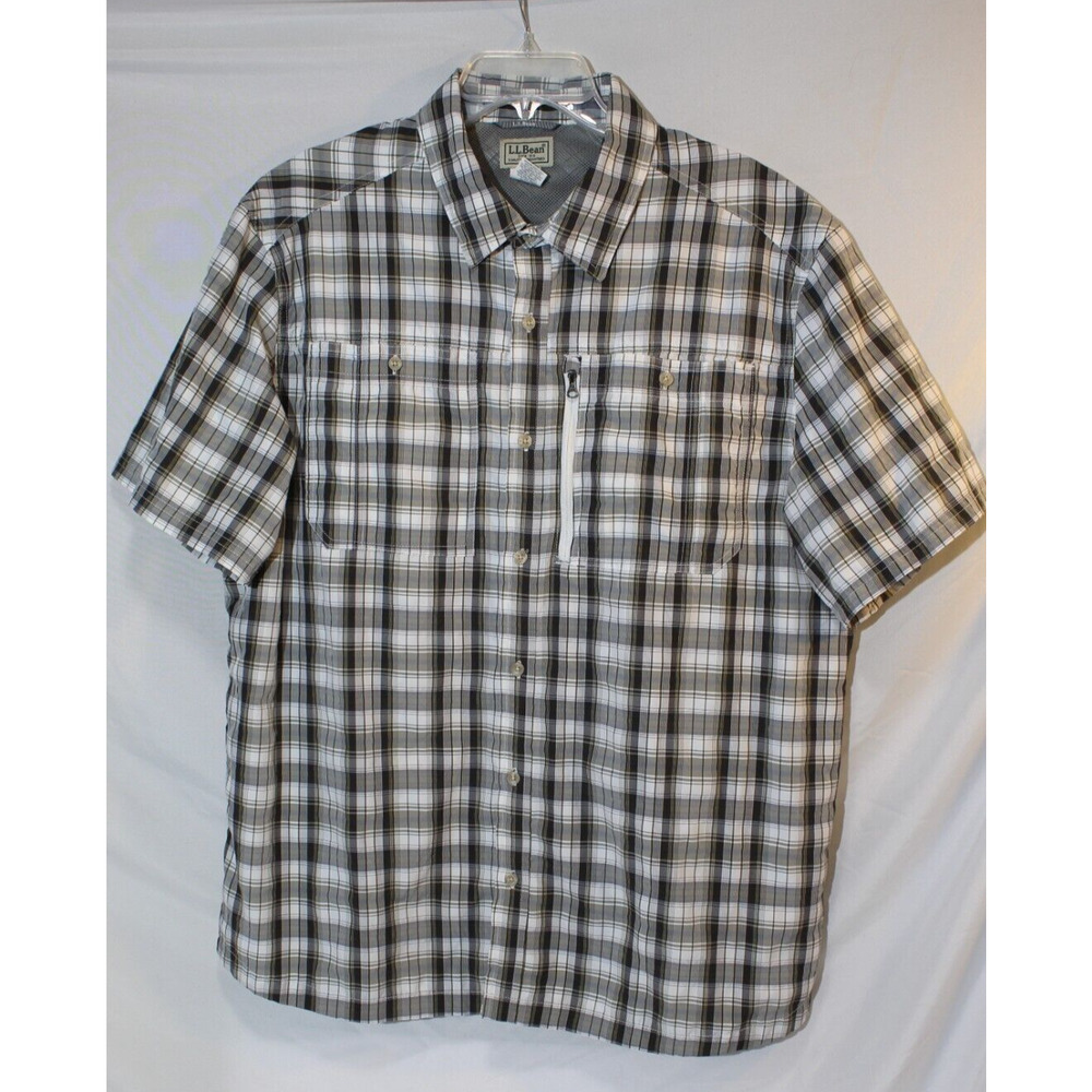 LL Bean Gray Plaid Vented S/S Button-Up Shirt Men's XL #296979 Hiking Fishing